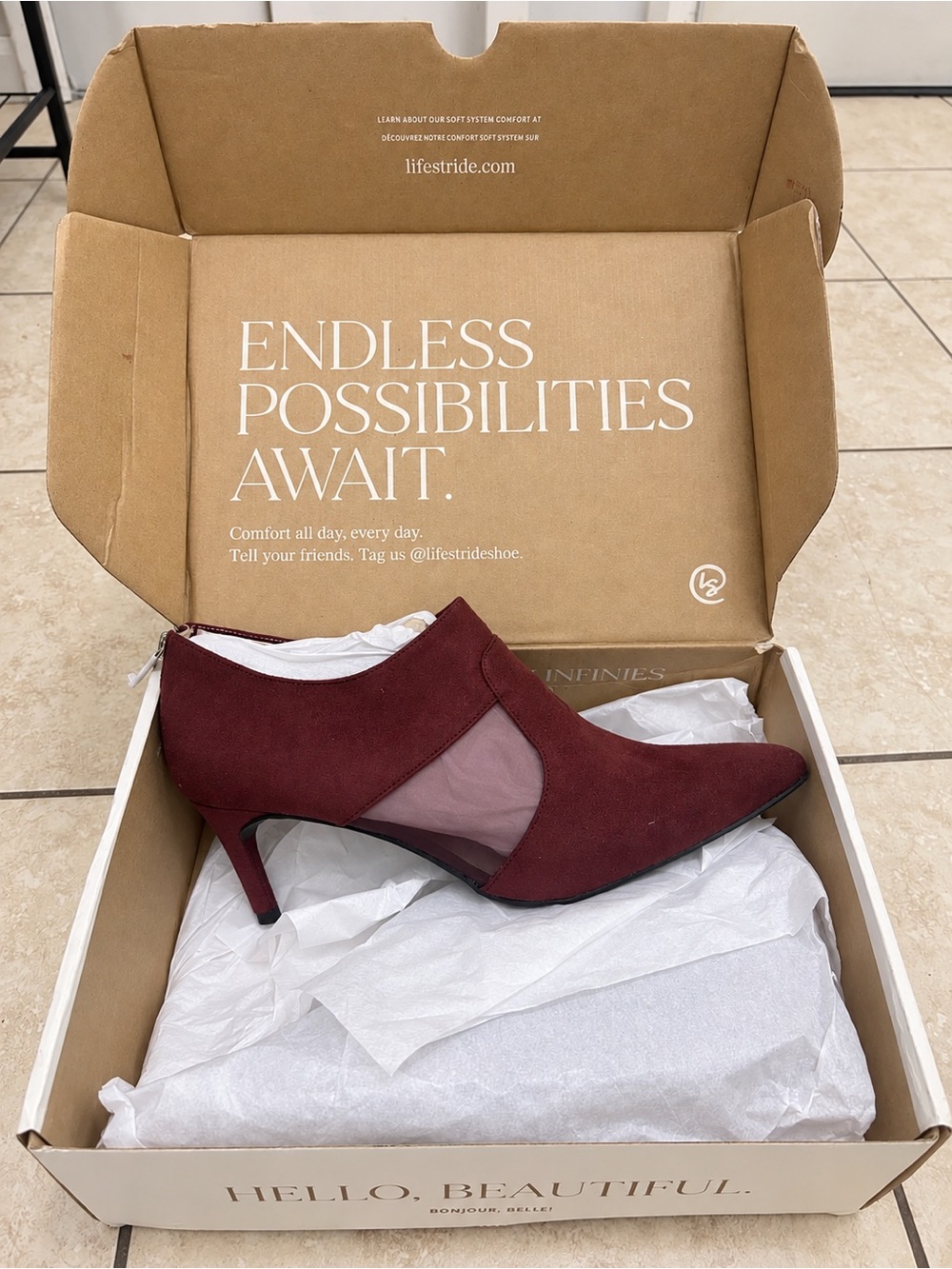 Life Stride Burgundy Pointed-Toe Mesh Ankle Boot